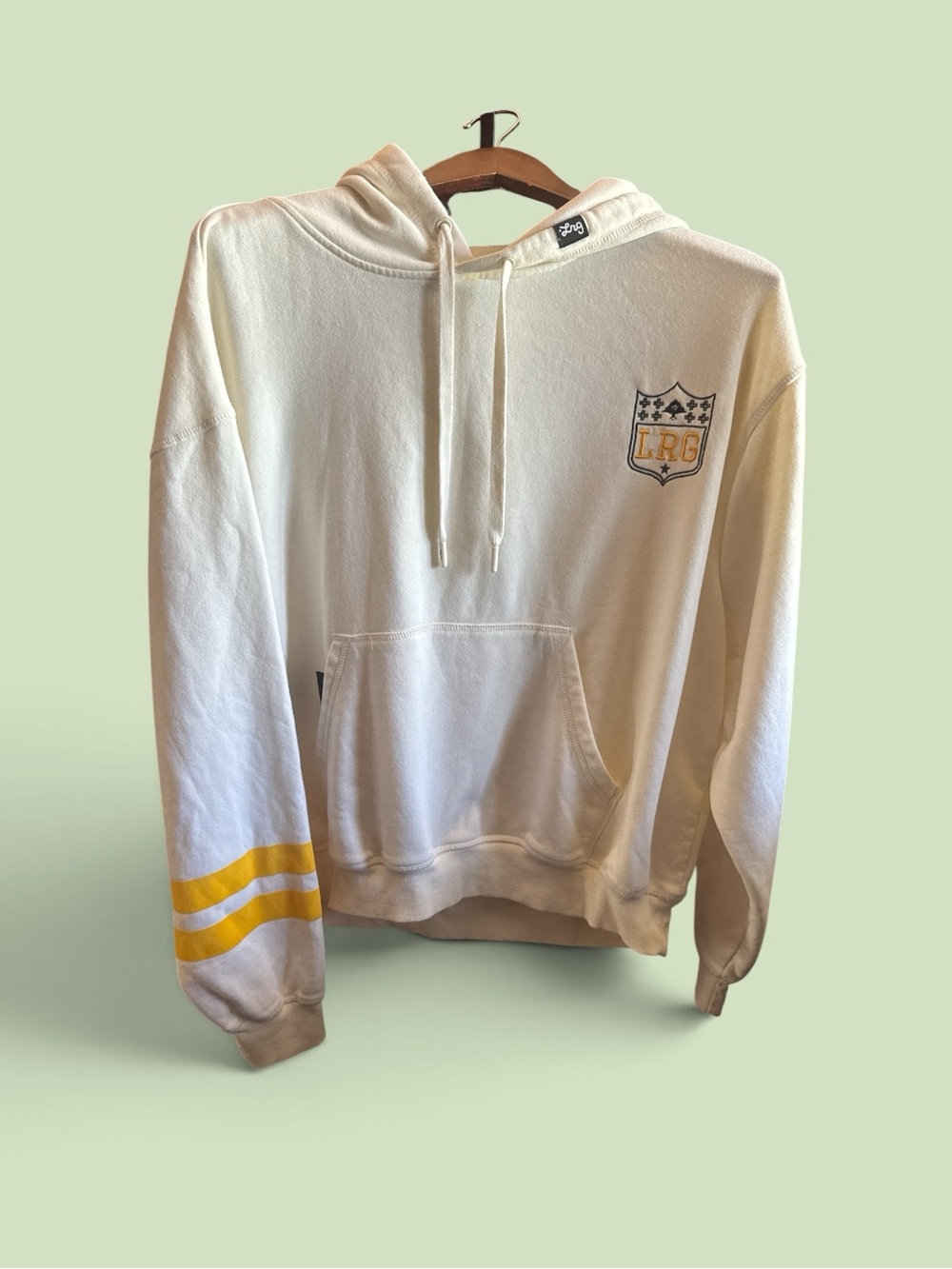 LRG Time Champions Pullover Cream Crewneck Hoodie with Yellow Sleeve Stripes